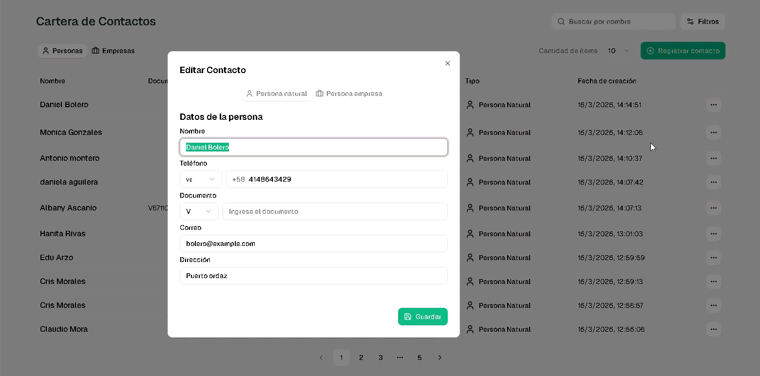 Registro y cartera de contactos en CrecIA